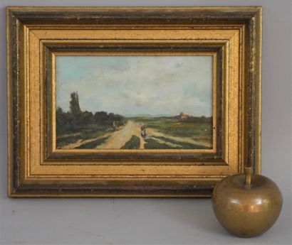 null French school of the 19th century. Walkers on the road. Oil on panel. 12 x 15,5...
