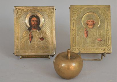 null Two icons, one of Christ in Majesty, reproduction marouflaged on wood

with...