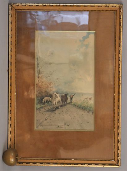 null French school of the early 20th century. Peasant woman and her cows, watercolour,...