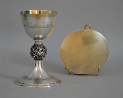 null Chalice and its paten in silver and vermeil, decorated with engraved Latin texts...