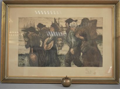null Auguste OLEFFE (1867-1931) Fishermen at Nieuwpoort. Etching in colours signed,...