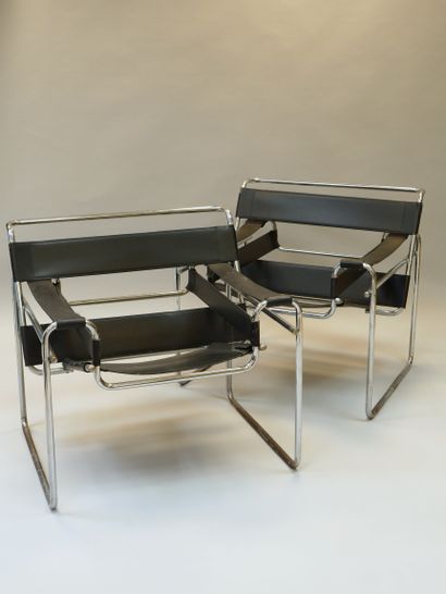 null Wassily Marcel Breuer, after. Pair of armchairs model B3. Chrome-plated steel...