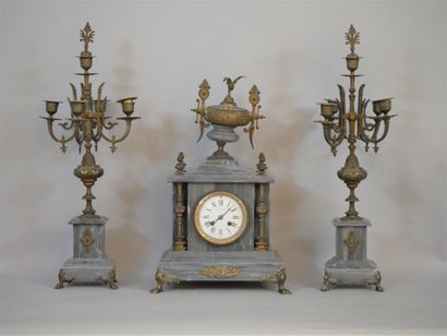 null 
Turquoise blue marble and gilt bronze mantel set including a clock with a dial...
