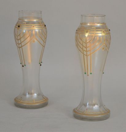 null Pair of white glass baluster vases with small red and green pink glass pellets...