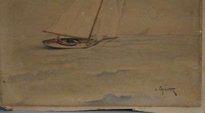 null 
E.SAULNIER (Xth century). Sailing boat. Watercolour on paper pasted on cardboard...
