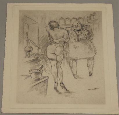 null 
MORISOT ," The woman at the apothecary", signed in the plate. Size : 19 x 15...