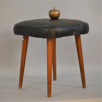 null THONET. Wooden stool, compass legs and skai top. Carry a label on the back (damaged...