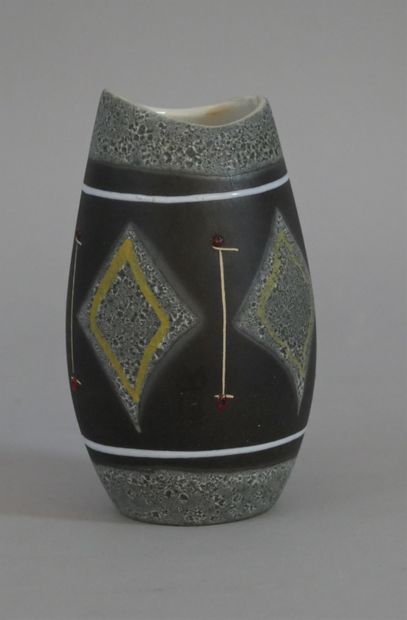 null MARZI and REHI. 20th century. A small polychrome ceramic vase with rhombuses...