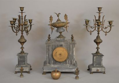 null 
Turquoise blue marble and gilt bronze mantel set including a clock with a dial...