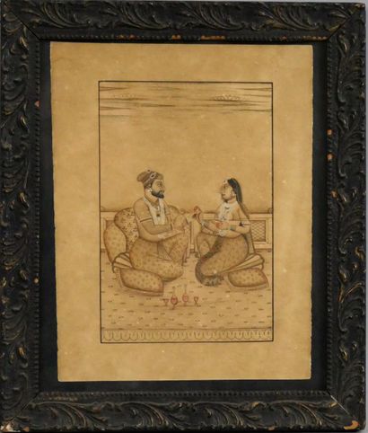 null 
Indian miniature in Mughal taste,

Scene of gallantry.

Ink drawing heightened...