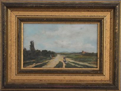 null French school of the 19th century. Walkers on the road. Oil on panel. 12 x 15,5...