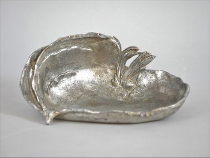 null Silver plated pewter pocket with wave, water leaf and fish decoration. Art Nouveau...
