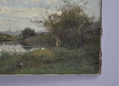 null Flemish school of the end of the 19th century. Fishermen on a pond. Oil

on...