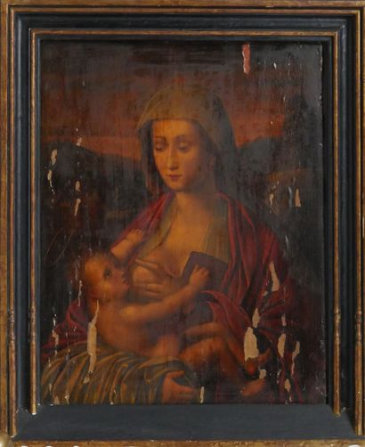 null Italian school XXth century. Virgin breastfeeding. Oil on parquet panel, stamped...