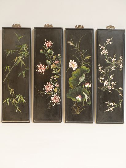 null VIETNAM, 20th century. Signed Thanh Ley. Four polychrome lacquered panels on...