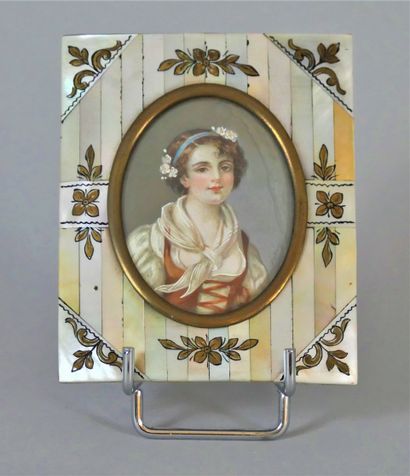 null Miniature with oval view in gouache signed "Dubouy" in a mother-of-pearl marquetry...