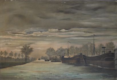 null Louis TAVERNE (1859-1934) Péniche sur la Meuse, Huile sur toile signée, située...