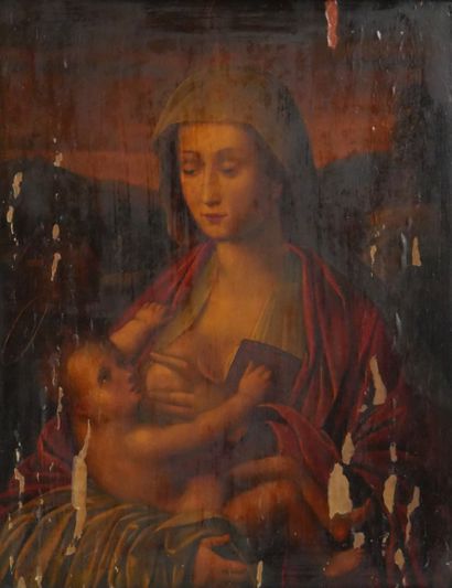 null Italian school XXth century. Virgin breastfeeding. Oil on parquet panel, stamped...