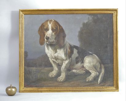 null Christophe CATHELINEAUX (1819-1883) Seated Beagle. Oil on isorel panel signed...