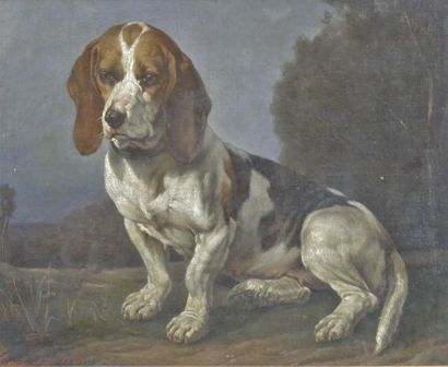 null Christophe CATHELINEAUX (1819-1883) Seated Beagle. Oil on isorel panel signed...