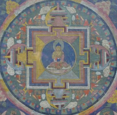 null TIBET, 20th century. Thangka mandala in the center of which Amithaba is seated...