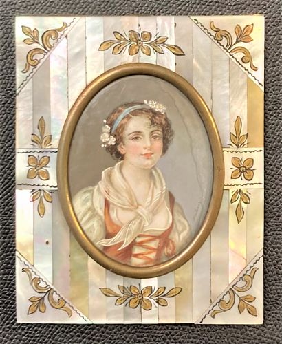 null Miniature with oval view in gouache signed "Dubouy" in a mother-of-pearl marquetry...