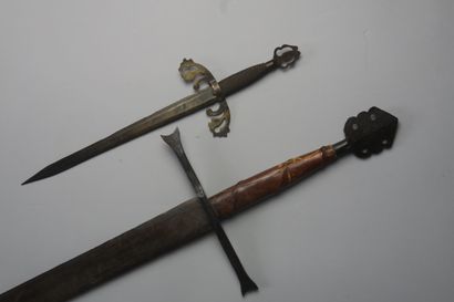 null One and a half hand sword in the XVth century style, wooden shaft covered with...