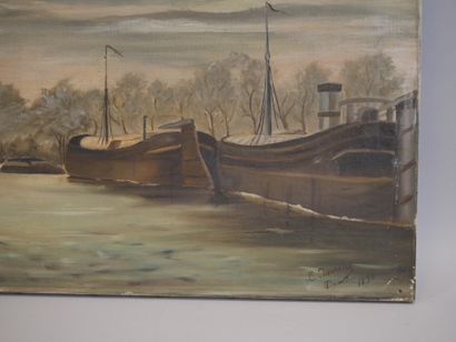 null Louis TAVERNE (1859-1934) Barge on the Meuse, Oil on canvas signed, located...