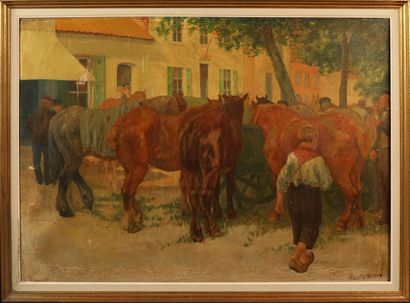 null JEAN-ÉMILE VAN CAUWELAERT (BEL/

1860-1907)

Le marché aux chevaux

huile sur...