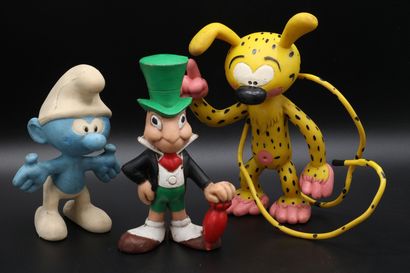 null Set of 3 latex dolls from the 60's, Jiminy Cricket, Marsupilami and rare Smurf...