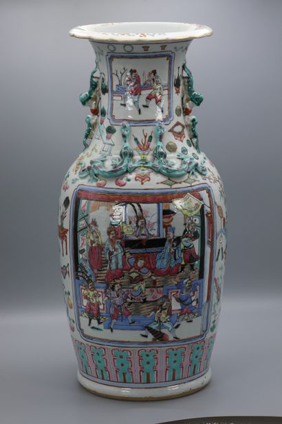 null China, late 19th - early 20th century. Pair of vases decorated with figurative...