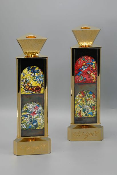 null Marc CHAGALL (1887-1985). Pair of triangular gilt brass candlesticks each decorated...
