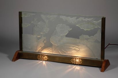 null Acid-etched glass plate decorated with a gallant scene set in a metal and wood...