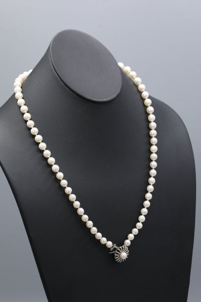 null Necklace of 65 pearls in fall (6 to 9 mm), L: 54 cm, threading with knots. Clasp...