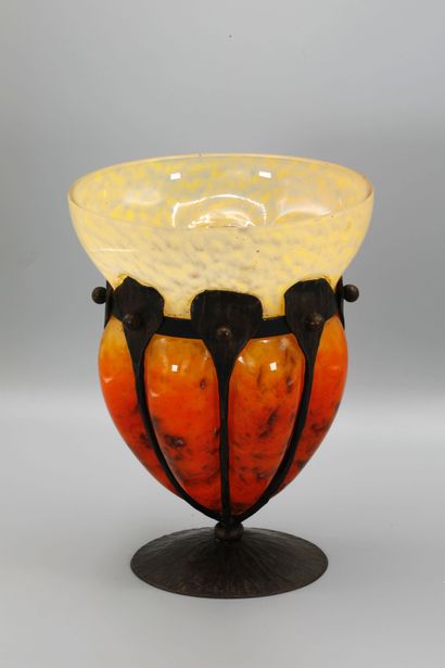 null SCHNEIDER Blown glass vase with flared neck in yellow, orange and red, set in...