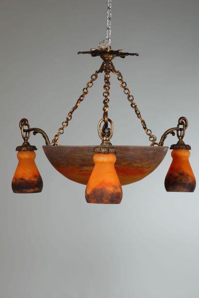 null G.V. CROISMARE Bronze and marmorated glass chandelier of orange color composed...