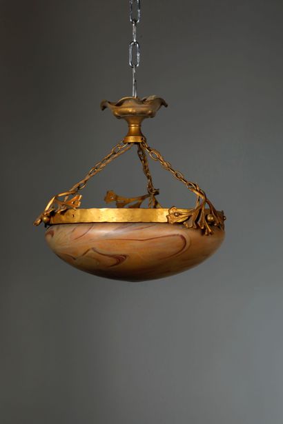 null Art Nouveau hanging lamp with gilt bronze plant decoration and marbled glass...