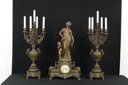 null Hippolyte MOREAU (1832-1927) Regula patina mantel set consisting of a clock...