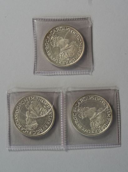 null 3 silver coins, 5 ECU 1987 Belgium. Weight of each : 23g TTBE.