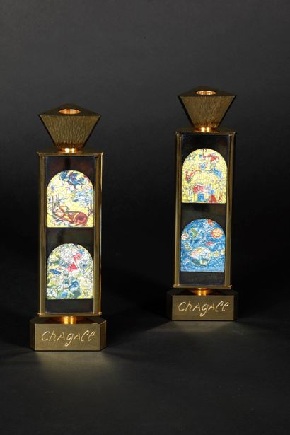 null Marc CHAGALL (1887-1985). Pair of triangular gilt brass candlesticks each decorated...
