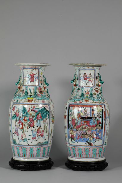 null China, late 19th - early 20th century. Pair of vases decorated with figurative...