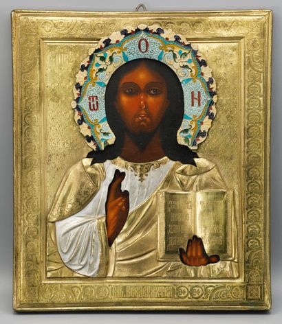 null Russian school. Christ Pantocrator. Icon, tempera on wood, Oklad in gilded and...