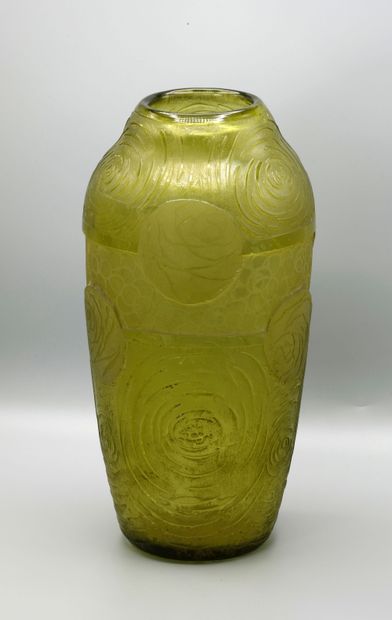 null MONTJOYE Vase in thick light green acid-etched glass decorated with stylized...
