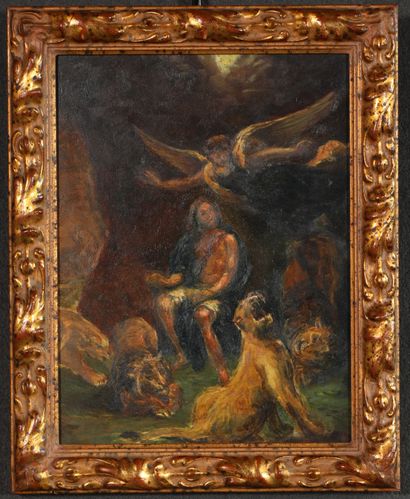 null After Eugène Delacroix, Daniel in the Lion's Den. Sketch, oil on board. Modern...