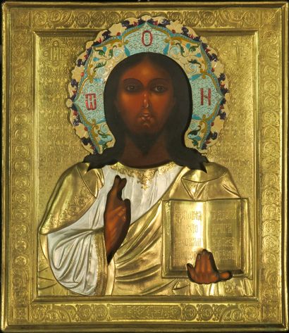 null Russian school. Christ Pantocrator. Icon, tempera on wood, Oklad in gilded and...
