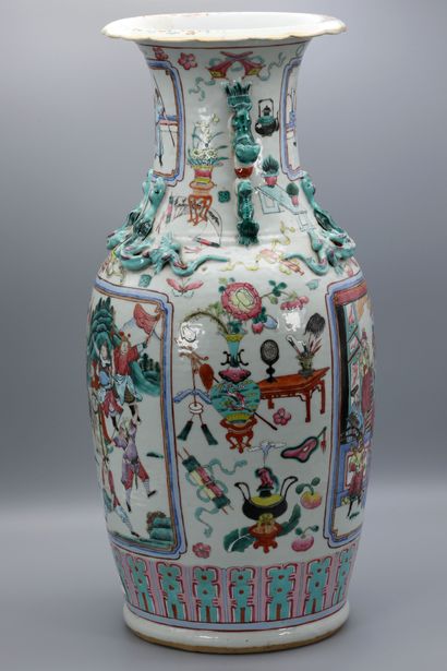 null China, late 19th - early 20th century. Pair of vases decorated with figurative...