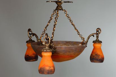 null G.V. CROISMARE Bronze and marmorated glass chandelier of orange color composed...