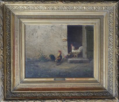 null H. DAUPHIN (XIXe) "Basse-cour". Huile sur toile encadrée. Signée en bas à droite...