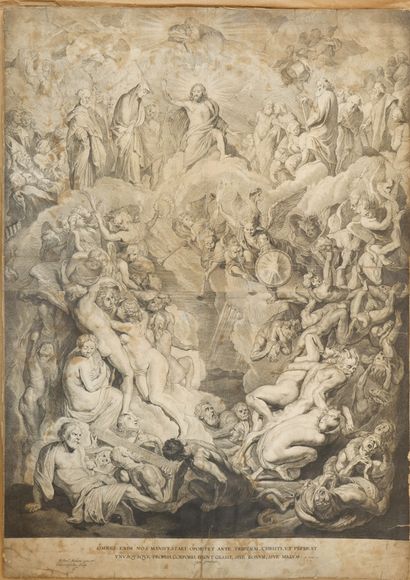 null 
Grande gravure représentant le Jugement dernier d'après Rubens (accidents et...