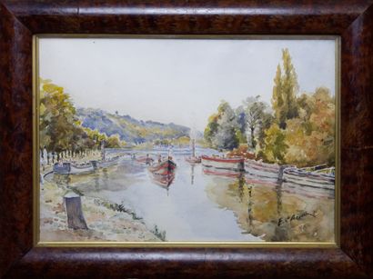 null Edgard-Gaston CHEMIN (fin XIXème-XXème siècle). Bord de fleuve avec barques....